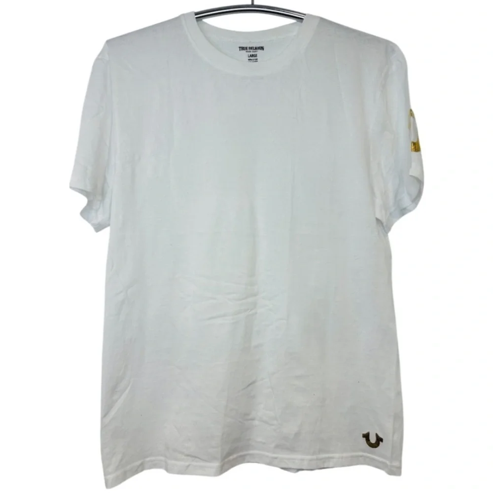 True Religion Classic White T-Shirt with Gold Horseshoe Logo Size Junior Large